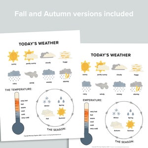 Puede incluir: Dos tablas imprimibles para hacer un seguimiento del clima. Las tablas presentan ilustraciones de diferentes condiciones clim&aacute;ticas, incluyendo soleado, parcialmente soleado, nublado, brumoso, lluvioso, ventoso, nevado y tormentoso. Cada tabla tambi&eacute;n incluye un term&oacute;metro y un c&iacute;rculo que muestra las estaciones del a&ntilde;o.