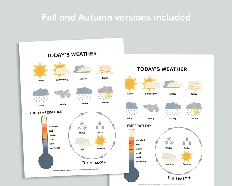 Puede incluir: Dos tablas imprimibles para hacer un seguimiento del clima. Las tablas presentan ilustraciones de diferentes condiciones clim&aacute;ticas, incluyendo soleado, parcialmente soleado, nublado, brumoso, lluvioso, ventoso, nevado y tormentoso. Cada tabla tambi&eacute;n incluye un term&oacute;metro y un c&iacute;rculo que muestra las estaciones del a&ntilde;o.