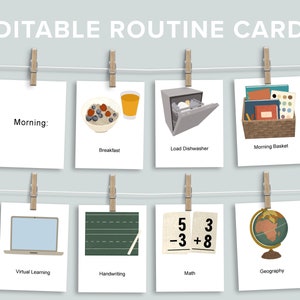 Cartes de rythme quotidiennes modifiables Bundle imprimable | Routine du matin et du soir | Calendrier des enfants imprimable | Flashcard sur le sujet de l'école à la maison