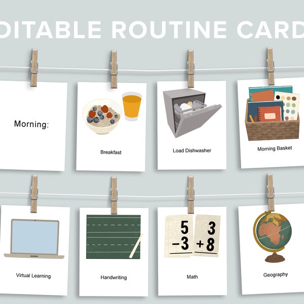 Editable Daily Rhythm Cards Printable Bundle | Morning Evening Routine | Kids Schedule Printable |  Homeschool Subject Flashcard