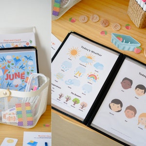 Puede incluir: Una cesta de alambre blanca con asa de madera contiene materiales educativos, incluyendo un calendario "Junio" enmarcado y una hoja de "Encontrar y Contar". Un archivador muestra gr&aacute;ficos del clima y las emociones. Acentos de fresa de madera y marcadores est&aacute;n en la superficie de madera.