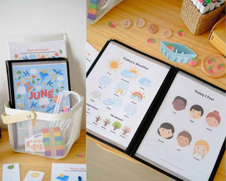 Puede incluir: Una cesta de alambre blanca con asa de madera contiene materiales educativos, incluyendo un calendario "Junio" enmarcado y una hoja de "Encontrar y Contar". Un archivador muestra gr&aacute;ficos del clima y las emociones. Acentos de fresa de madera y marcadores est&aacute;n en la superficie de madera.
