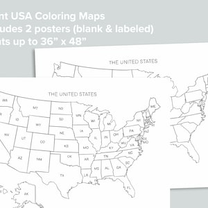 Pu&ograve; includere: Due mappe degli Stati Uniti stampabili in bianco e nero. Le mappe sono etichettate con i nomi di ogni stato. Le mappe sono progettate per essere colorate. Il testo "The United States" appare nella parte superiore di ogni mappa. Le mappe sono progettate per stampare fino a 91,44 cm per 121,92 cm.