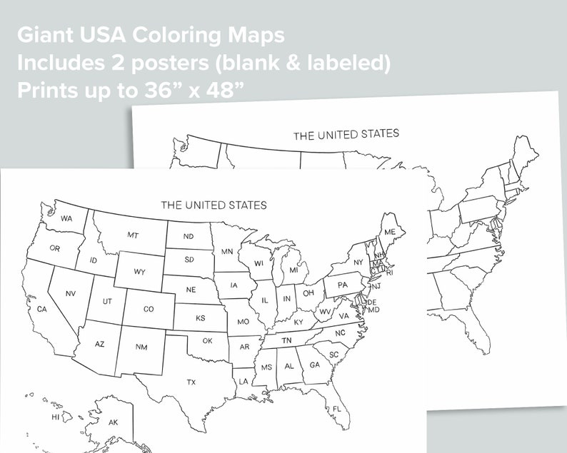 Pu&ograve; includere: Due mappe degli Stati Uniti stampabili in bianco e nero. Le mappe sono etichettate con i nomi di ogni stato. Le mappe sono progettate per essere colorate. Il testo "The United States" appare nella parte superiore di ogni mappa. Le mappe sono progettate per stampare fino a 91,44 cm per 121,92 cm.