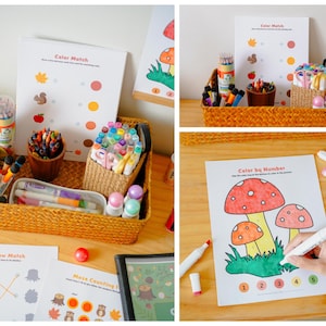 Puede incluir: Una cesta de mimbre llena de materiales de arte, incluyendo rotuladores, l&aacute;pices de colores y un estuche. La cesta est&aacute; sobre una superficie de madera junto a p&aacute;ginas para colorear con el texto "Color Match" y "Color by Number".