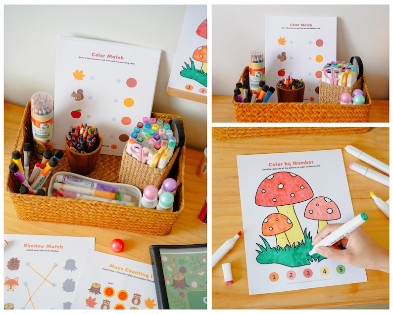 Puede incluir: Una cesta de mimbre llena de materiales de arte, incluyendo rotuladores, l&aacute;pices de colores y un estuche. La cesta est&aacute; sobre una superficie de madera junto a p&aacute;ginas para colorear con el texto "Color Match" y "Color by Number".