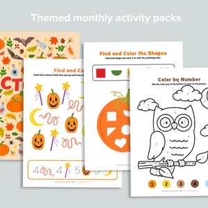 Puede incluir: Una colecci&oacute;n de paquetes de actividades mensuales tem&aacute;ticas con ilustraciones de Halloween. Los paquetes incluyen p&aacute;ginas para colorear, identificaci&oacute;n de formas y actividades de coloreado por n&uacute;meros. La portada presenta calabazas, murci&eacute;lagos y la palabra "OCT".