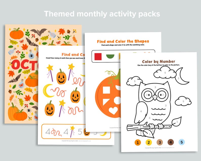 Puede incluir: Una colecci&oacute;n de paquetes de actividades mensuales tem&aacute;ticas con ilustraciones de Halloween. Los paquetes incluyen p&aacute;ginas para colorear, identificaci&oacute;n de formas y actividades de coloreado por n&uacute;meros. La portada presenta calabazas, murci&eacute;lagos y la palabra "OCT".
