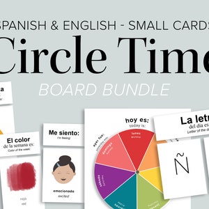 Pacchetto di schede Circle Time per bambini in età prescolare in spagnolo e inglese, piccole carte / Parete di apprendimento fai da te stampabile / Calendario ABC stampabile per la scuola domestica