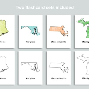 Pu&ograve; includere: Due set di flashcard che mostrano i contorni degli stati del Maine, del Maryland, del Massachusetts e del Michigan. Un set &egrave; in bianco e nero, l'altro set ha contorni colorati.