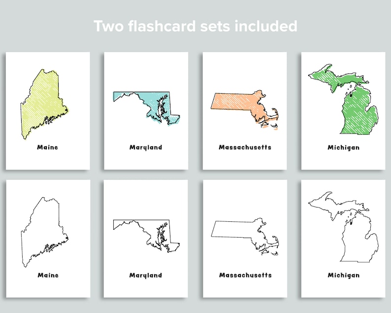Pu&ograve; includere: Due set di flashcard che mostrano i contorni degli stati del Maine, del Maryland, del Massachusetts e del Michigan. Un set &egrave; in bianco e nero, l'altro set ha contorni colorati.