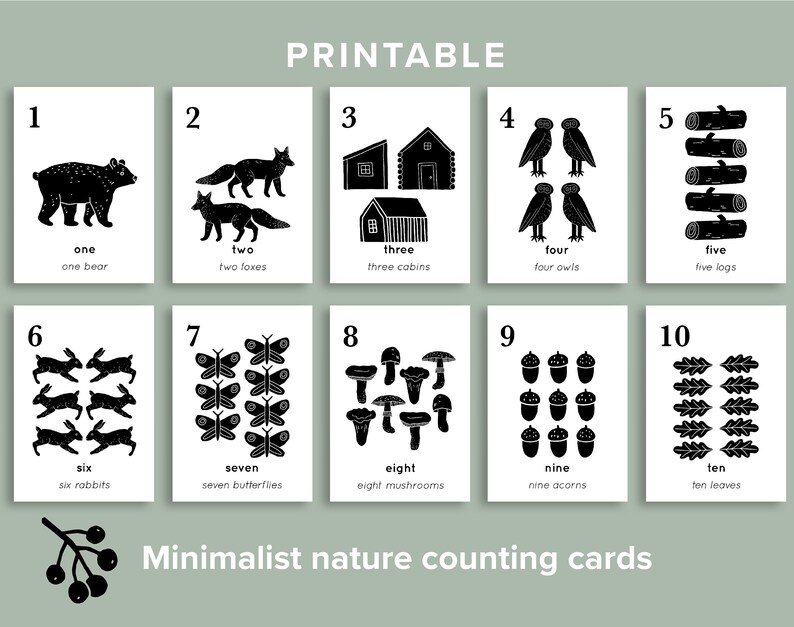 minimal nature number cards printable forest art preschool