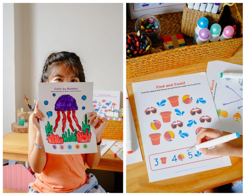 Puede incluir: Una ni&ntilde;a sostiene una hoja de trabajo "Colorea por n&uacute;mero" con una medusa morada, coral rojo y algas verdes. La hoja de trabajo es parte de un conjunto de actividades educativas. Se ven otras hojas de trabajo y materiales de arte.