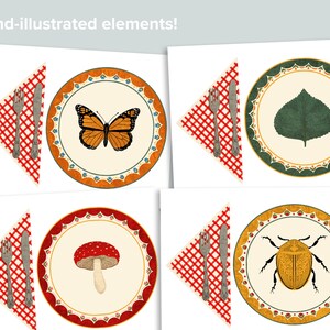 May include: Four place settings with hand-illustrated elements. Each setting includes a red and white checkered napkin, a fork, a knife, and a plate with a decorative border. The plates feature a butterfly, a leaf, a mushroom, and a beetle.