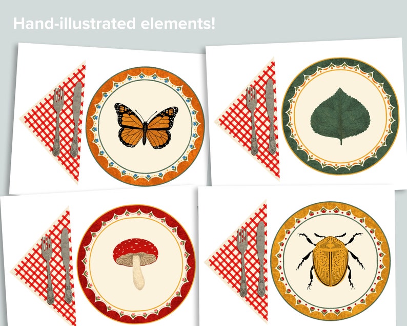 May include: Four place settings with hand-illustrated elements. Each setting includes a red and white checkered napkin, a fork, a knife, and a plate with a decorative border. The plates feature a butterfly, a leaf, a mushroom, and a beetle.