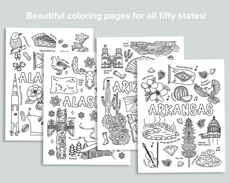 Pu&ograve; includere: Pagine da colorare in bianco e nero con illustrazioni di monumenti e simboli di ciascuno dei 50 stati. Gli stati presentati sono Alabama, Alaska, Arizona e Arkansas.