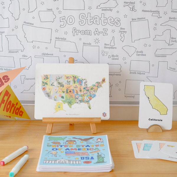 USA Bundle | Homeschool Printables | State Coloring Pages and Posters | Geography United States Studies for kids