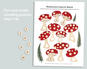 Mushroom Counting Activity | Preschool Nature Busy Book Pages | 1-10 Numbers Homeschool Printables | Preschool Number Matching Count Game