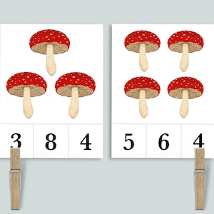 Cartões de contagem de cogumelos e números de clipes 1-20 | Jogo de matemática escolar em casa para impressão | Atividade de contagem pré-escolar Toadstool Nature