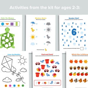 Puede incluir: Un conjunto de hojas de actividades educativas para ni&ntilde;os de 2 a 3 a&ntilde;os. Las hojas presentan ilustraciones coloridas y ejercicios interactivos, como emparejar formas, emparejar sombras, buscar n&uacute;meros y actividades para colorear. El texto "Activities from the kit for ages 2-3:" est&aacute; en la parte superior.