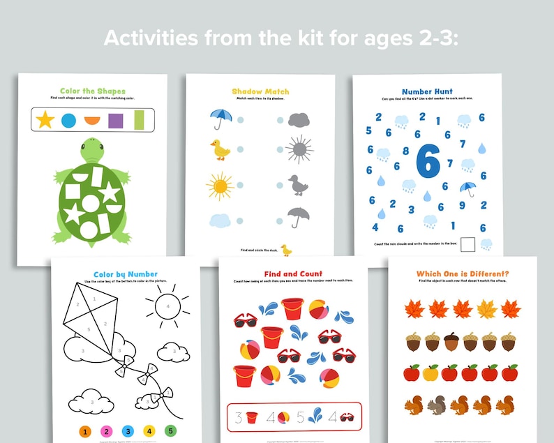 Puede incluir: Un conjunto de hojas de actividades educativas para ni&ntilde;os de 2 a 3 a&ntilde;os. Las hojas presentan ilustraciones coloridas y ejercicios interactivos, como emparejar formas, emparejar sombras, buscar n&uacute;meros y actividades para colorear. El texto "Activities from the kit for ages 2-3:" est&aacute; en la parte superior.