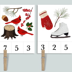 Cartões de contagem de natureza de inverno e números de clipes 1-10 | Imprimíveis de aprendizagem de férias em casa | Sala de aula de flashcards de contagem pré-escolar