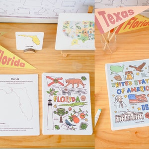 Pu&ograve; includere: Un set di materiali educativi stampabili per imparare a conoscere gli Stati Uniti d'America. Il set include una mappa della Florida, una pagina da colorare con i punti di riferimento della Florida, una pagina da colorare con i punti di riferimento degli Stati Uniti e un set di bandiere a pennone con i nomi degli stati.