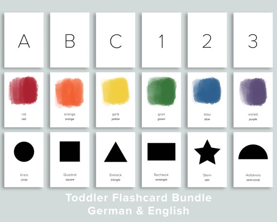 BUNDLE German & English Minimalist Toddler Flashcards | Colors Shapes ABCs 123 Flashcard | Homeschool Preschool Circle Time Printable