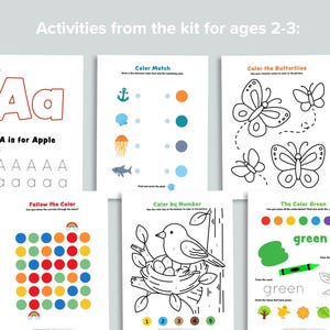 Puede incluir: Un conjunto de hojas de actividades educativas para ni&ntilde;os de 2 a 3 a&ntilde;os. Las hojas incluyen p&aacute;ginas para colorear, trazar letras, ejercicios de combinaci&oacute;n de colores y reconocimiento de n&uacute;meros. El texto "Actividades del kit para edades 2-3:" est&aacute; en la parte superior.
