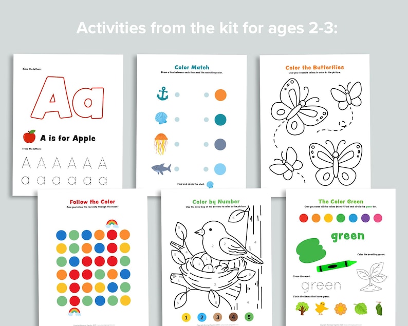 Puede incluir: Un conjunto de hojas de actividades educativas para ni&ntilde;os de 2 a 3 a&ntilde;os. Las hojas incluyen p&aacute;ginas para colorear, trazar letras, ejercicios de combinaci&oacute;n de colores y reconocimiento de n&uacute;meros. El texto "Actividades del kit para edades 2-3:" est&aacute; en la parte superior.