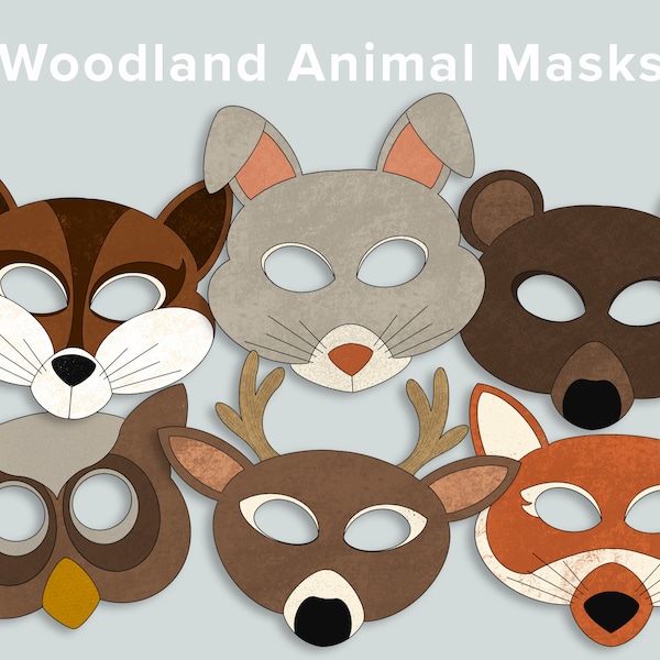 Woodland Animal Toddler Masks Activité préscolaire imprimable | Déguisement Halloween DIY pour enfants | Renard Ours Lapin Chouette Chipmunk Cerf | Faire semblant de jouer