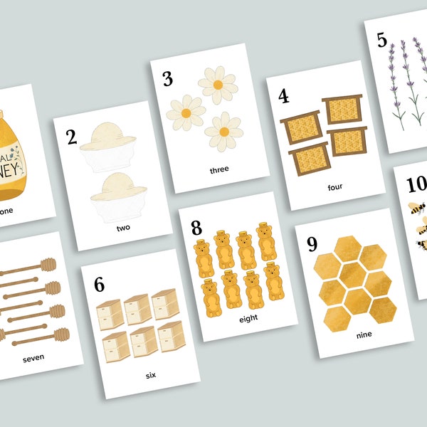 Bee Number Cards 1-10 | Charlotte Mason Nature Flashcards Homeschool Printables | Honeybee Nursery Art | Preschool Counting Classroom Bees