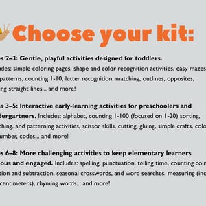 Puede incluir: Opciones de kits educativos para edades de 2 a 8 a&ntilde;os. La imagen presenta el texto "Elige tu kit:" con descripciones de actividades para ni&ntilde;os peque&ntilde;os, preescolares y estudiantes de primaria. Las actividades incluyen colorear, laberintos, alfabeto, contar y m&aacute;s.