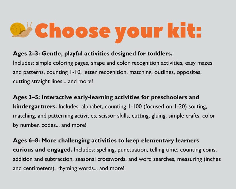 Puede incluir: Opciones de kits educativos para edades de 2 a 8 a&ntilde;os. La imagen presenta el texto "Elige tu kit:" con descripciones de actividades para ni&ntilde;os peque&ntilde;os, preescolares y estudiantes de primaria. Las actividades incluyen colorear, laberintos, alfabeto, contar y m&aacute;s.