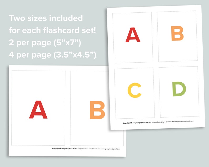 Puede incluir: Dos p&aacute;ginas imprimibles de flashcards del alfabeto con las letras A, B, C y D. Las letras son de diferentes colores y se incluyen dos tama&ntilde;os: 12,7 cm por 17,8 cm y 8,9 cm por 11,4 cm.