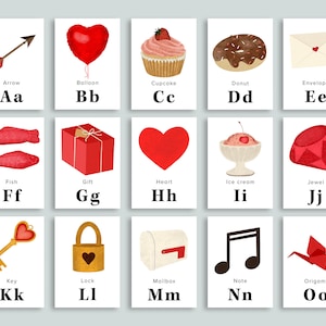 Tarjetas imprimibles con el alfabeto de San Valentín / Tarjetas con el alfabeto de San Valentín para la educación en el hogar / Arte de pared para guarderías preescolares / Tarjetas didácticas con las letras del alfabeto