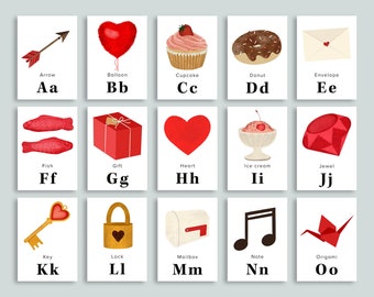 Schede ABC di San Valentino stampabili / Schede stampabili per l'istruzione parentale dell'alfabeto di San Valentino / Schede didattiche con le lettere dell'alfabeto