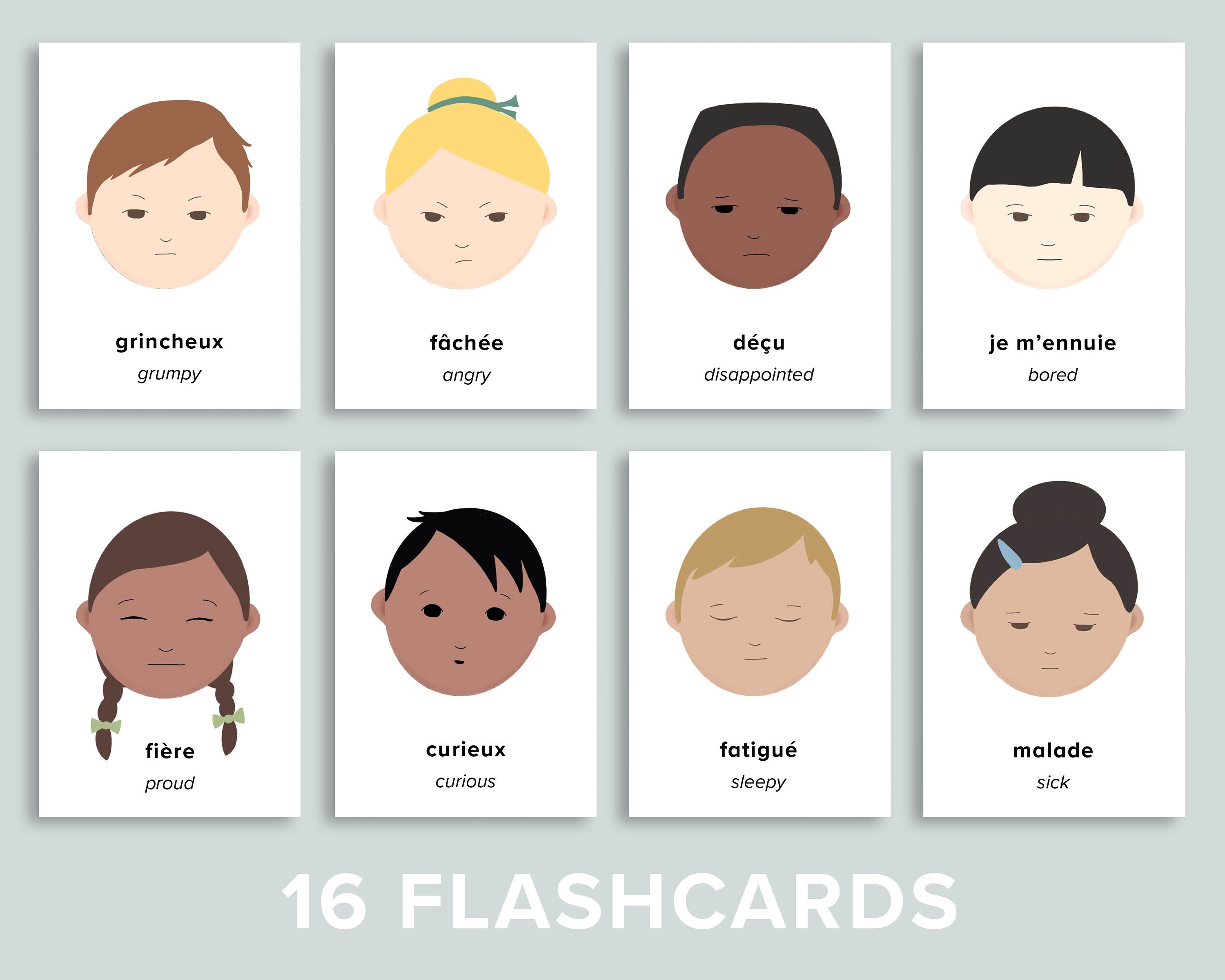 French & English Emotions Flashcards Printable Feelings Etsy