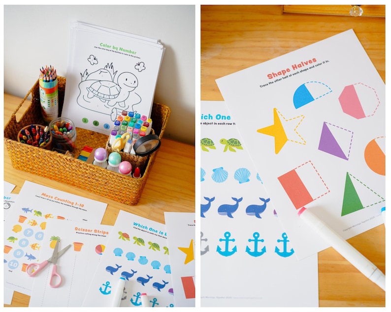 Puede incluir: Una cesta de mimbre llena de materiales de arte, incluyendo crayones, rotuladores y l&aacute;pices de colores, junto a hojas de actividades impresas. Las hojas presentan p&aacute;ginas para colorear, ejercicios de emparejamiento de formas y de conteo.