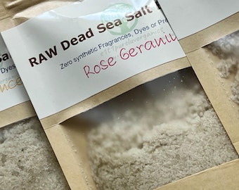 RAW Dead Sea Salt & Bath Soak, Options: Lavender, Vanilla, Frankincense, Roman Chamomile, Rose Geranium, NEW * “Relax” with magnesium