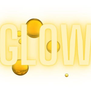 May include: The word "GLOW" in white letters with a yellow glow effect and yellow liquid droplets around the letters.