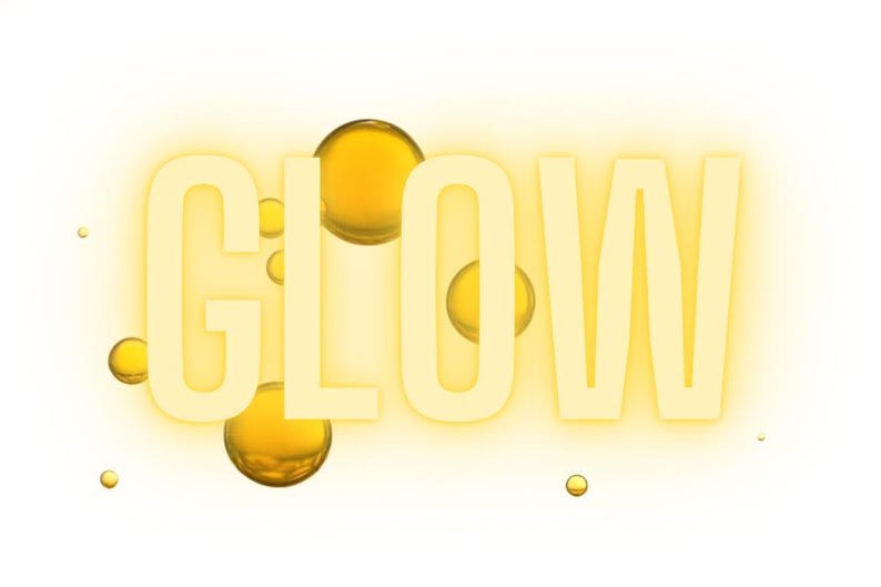 May include: The word "GLOW" in white letters with a yellow glow effect and yellow liquid droplets around the letters.