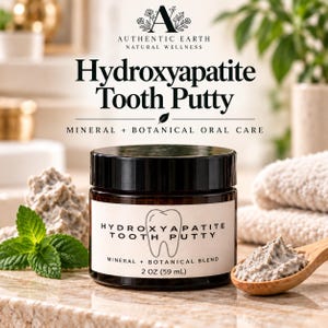 Peut inclure: Un pot en verre ambré foncé de pâte dentaire à l'hydroxyapatite avec un couvercle noir. L'étiquette blanche présente une icône de dent, le texte 'HYDROXYAPATITE TOOTH PUTTY', 'MINERAL + BOTANICAL BLEND' et '2 OZ (59 mL)'. Une cuillère en bois contient la pâte.