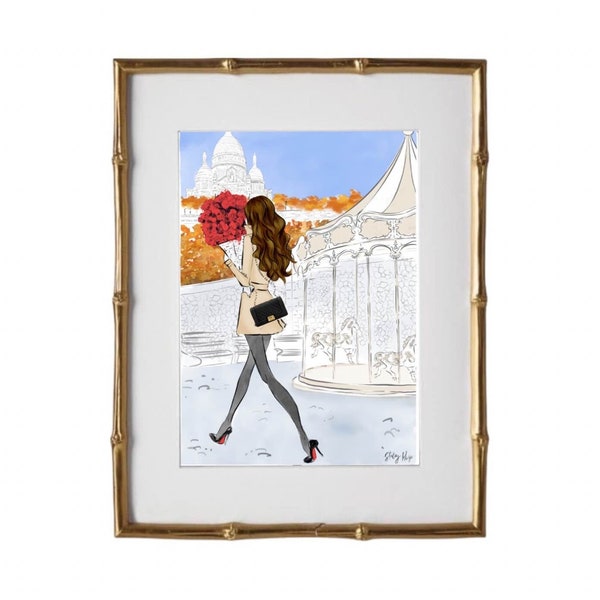 Paris Karussell Montmartre mit Sacre Coeur im Herbst Modedruck - Französische Karussellwandkunst, Modeillustration, Herbst, Reisekunst