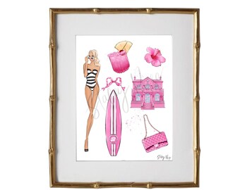 Miss Malibu| Classic Pink Doll, fashion illustration art print | Hot Pink Art Print | Customizable illustration | Girls Room | Giclee Print