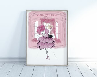 Pink Peggy Porschen Fashion Illustration Art Print, London Cafe Art Print, Cup Cakes, Pink London Art Print, Travel Print, Wall Art, London