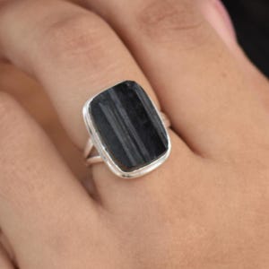 Black Tourmaline Ring, Sterling Silver Ring, Black Color Stone, Cushion Gemstone Ring, Split Band Ring, Sale, Can Be Personalized, Gifts