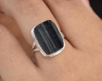 Black Tourmaline Ring, Sterling Silver Ring, Black Color Stone, Cushion Gemstone Ring, Split Band Ring, Sale, Can Be Personalized, Gifts
