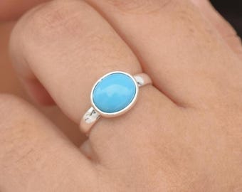 Sterling Silver Leaf Turquoise Ring - Vintage Inspired Oval Gemstone Jewelry Gift