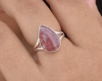 Rhodochrosite Ring, 925 Sterling Silver, Pear Shape, Pink Color Stone, Split Band Ring, Natural Gemstone, Can Be Personalized, Christmas